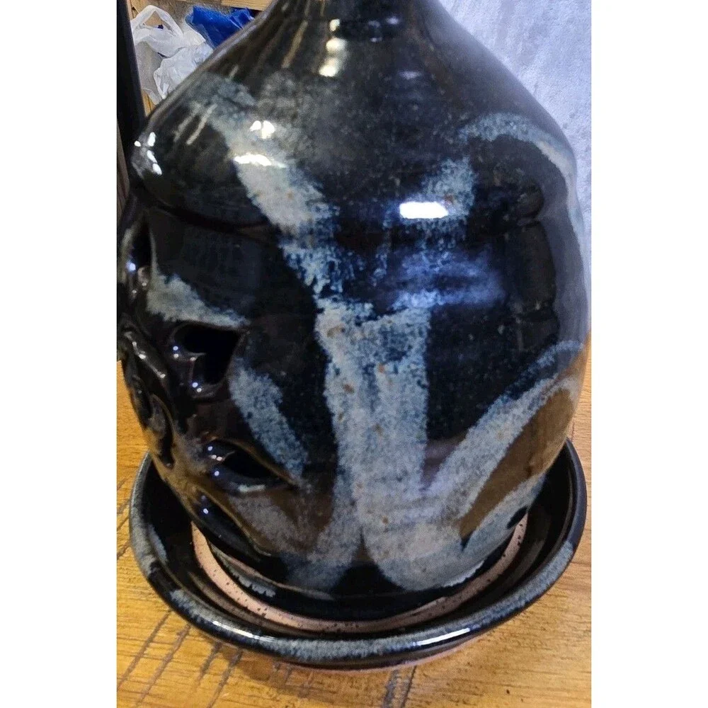 Midnight Sun Pottery Garold Amsberry Ceramic Candle Holder Black Green Marbled